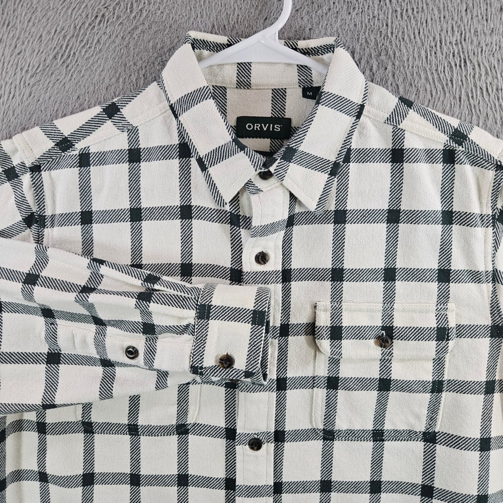 Orvis Mens Classic Fit Windowpane Plaid‎ Flannel Shirt Medium White Black Cotton